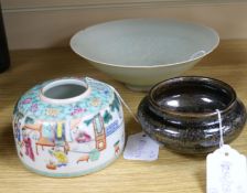 A Chinese famille rose water pot, a Qingbai style bowl and an oil spot glazed jar