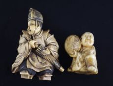 Two Japanese ivory netsuke, 19th century, the first of a priest holding a parasol, signed Sei..?,