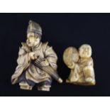 Two Japanese ivory netsuke, 19th century, the first of a priest holding a parasol, signed Sei..?,