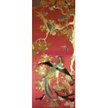 A Chinese embroidered silk 'bird' panel, decorated with birds and flowers, 101 x 44cm, framed