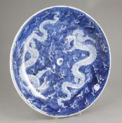 A Chinese blue and white 'dragon' dish, Kangxi period, painted with two confronting dragons