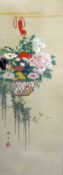 Japanese School (early 20th century), painting on silk of a basket of flowers, 94cm x 32cm excluding