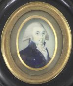 18th century English Schooloil on ivoryMiniature of a gentleman wearing a blue coat1.75 x 1.25in.