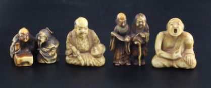 Four Japanese ivory netsuke, 19th / early 20th century, the first of a seated mask maker, two
