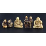 Four Japanese ivory netsuke, 19th / early 20th century, the first of a seated mask maker, two