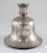An Indian Bidri ware bell shaped huqqa base, Deccan, 19th century, inlaid in silver with panels of