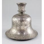 An Indian Bidri ware bell shaped huqqa base, Deccan, 19th century, inlaid in silver with panels of