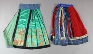 Two Chinese embroidered silk robes, early 20th century, one with vertical strips of birds,