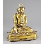 A Burmese bronze seated figure of Buddha, 19th / 20th century, with mirrored glass mosaic inlay to