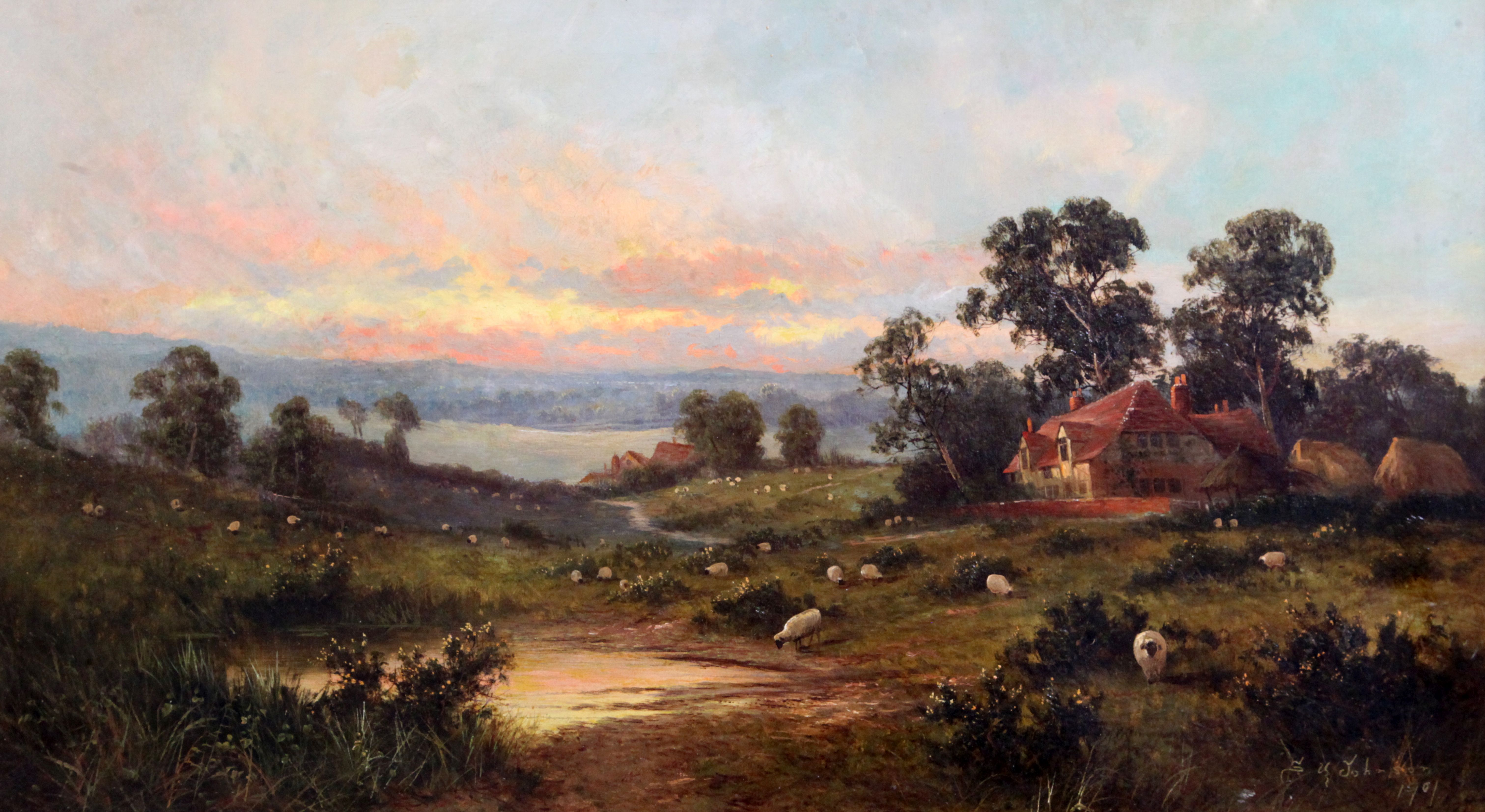 Sidney Yates Johnson (fl.1901-1910)oil on canvasPastoral landscape at sunsetsigned17.5 x 31.5in.