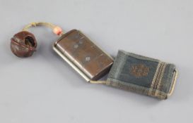 A Japanese bronze and silver inlaid travelling calligraphy set, 19th century, in the form of a three