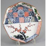 A Japanese Kakiemon style octagonal dish, late 19th/early 20th century, painted with prunus and a