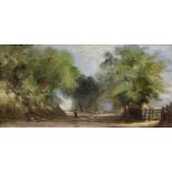 Attributed to Abraham Hulkoil on boardFigure on a tree-lined lane7 x 13.75in.
