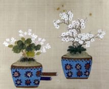 Chinese School, early 20th century, still life on silk of jars of flowers, 26.5cm x 34cm
