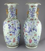 A pair of large Chinese famille rose and underglaze blue celadon ground vases, 19th century, each