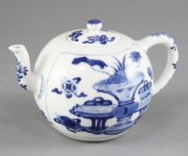 A Chinese blue and white globular teapot and cover, Kangxi period, painted with 'Antiques' to each