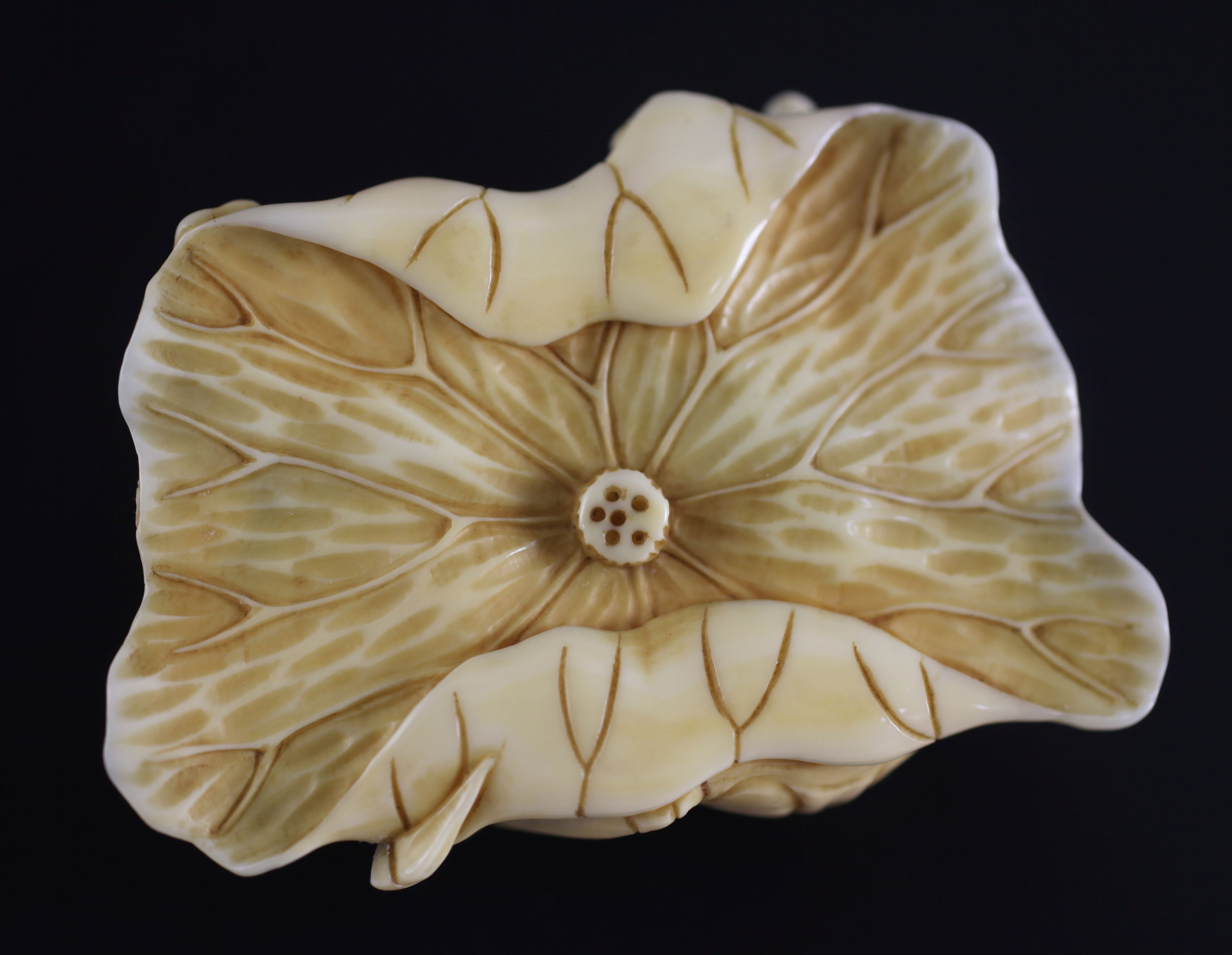 A Japanese marine ivory okimono of a crab battling two monkeys, early 20th century, on a curled - Image 2 of 2