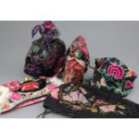 A group of Ethnic Chinese embroidered silk hats including a 'cockerel' hat