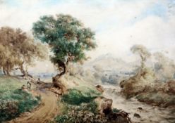 Attributed Thomas Creswick (1811-1869)watercolourTravellers in a river landscape7.5 x 10.5in.