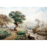 Attributed Thomas Creswick (1811-1869)watercolourTravellers in a river landscape7.5 x 10.5in.