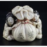 A Japanese ivory okimono of a man and woman holding the cords of a tied sack between them, Meiji