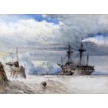 William Callow RWS (1812-1908)watercolourPaddle steamer and old warship off the coastsigned7 x 9.