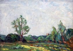 English Schooloil on wooden panelTrees in a landscapeindistinctly signed9.5 x 13.5in.