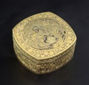 A Japanese gold damascened iron box and hinged cover, Meiji period, of a rounded square form, the