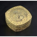 A Japanese gold damascened iron box and hinged cover, Meiji period, of a rounded square form, the