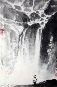 Li Zhongsheng (20th century), a pair of watercolours on paper, figures by a waterfall, 34cm x 22cm