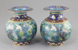 A pair of Chinese cloisonne enamel 'squirrel and vine' vases, Zhadou, 18th century, decorated with