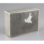 A Japanese silver and shibuichi rectangular box, early 20th century, with hardwood lining, the cover