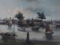 Chinese school, circa 1900, oil on board, harbour scene with junks, 48cm x 64cm