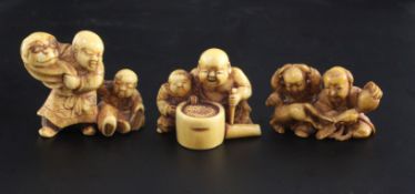 Three Japanese ivory netsuke of children, 19th century, the first modelled with two boys with a