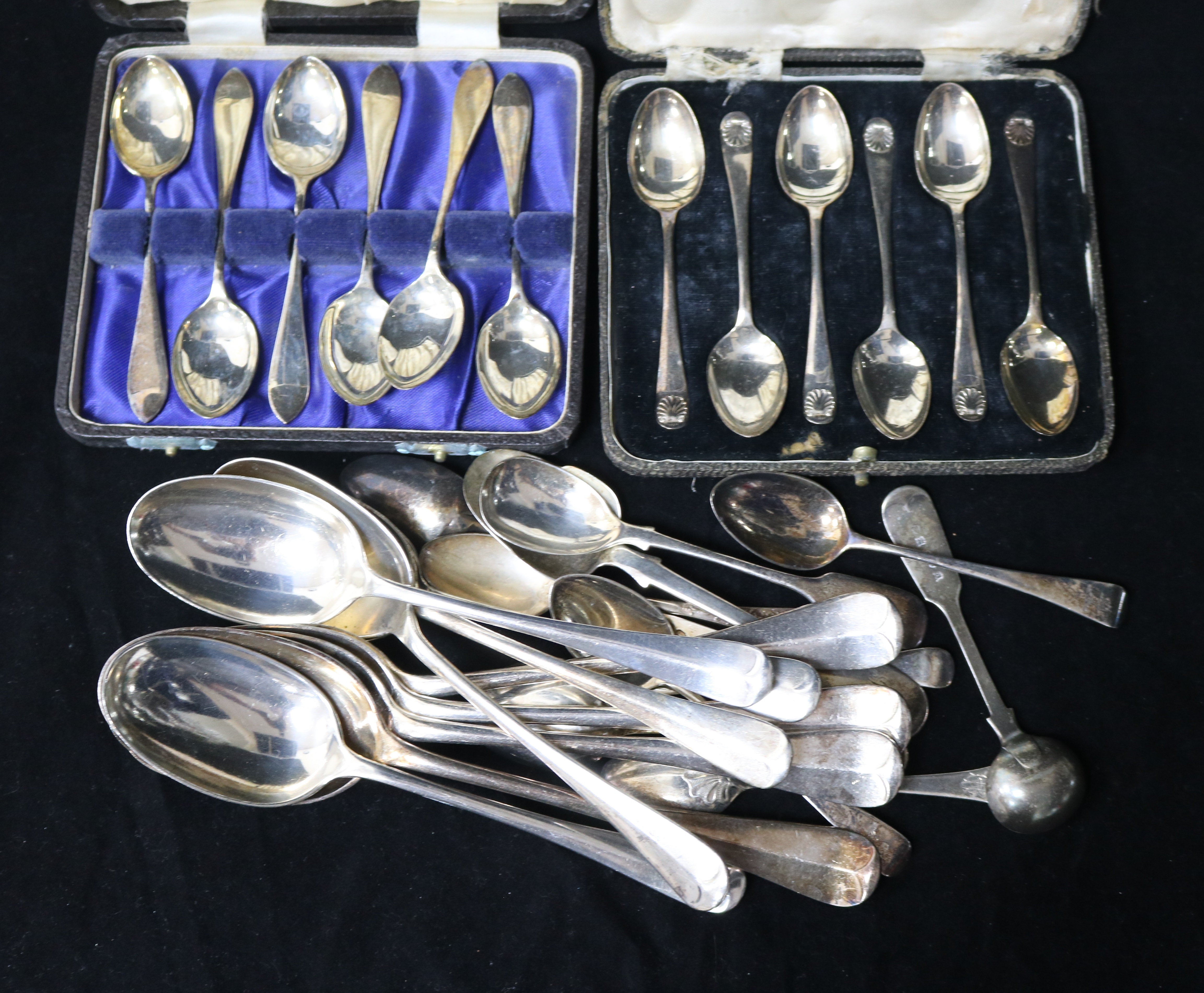 2 cased sets of silver teaspoons & assorted silver flatware incl. some plated