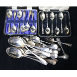 2 cased sets of silver teaspoons & assorted silver flatware incl. some plated