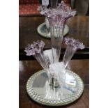 A mirror based epergne amethyst & clear glass 3 trumpet with clear glass leaves