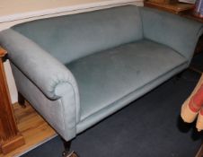 A pair of Georgian style mahogany settees covered in blue plush, W.195cm
