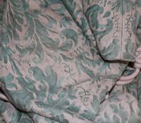 A pair of green foliate pattern fabric curtains and a pair of tiebacks, Drop 9ft W.6ft 6in.