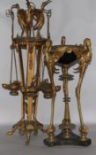 After the antique. A gilt bronze three arm lamp, together with a gilt bronze censer supported by