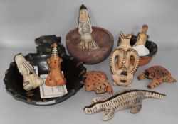 A collection of Karaja tribal pottery figures and bowls from Brazil. Collected in 1980's