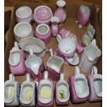 A collection of German pink lustre and white-glazed souvenir china, including jugs, preserve pots,