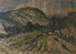 T O'Donnell, watercolour on paper, wooded landscape, signed, 49 x 70cm