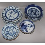 Twelve 18th century Chinese export blue and white plates, some damage