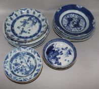 Twelve 18th century Chinese export blue and white plates, some damage