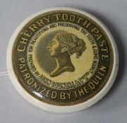 A pot lid "Cherry Toothpaste, Patronized by the Queen", showing a profile portrait of the Queen, the