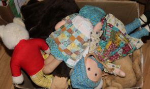 A monkey pyjama case, two Knickerbocker Toy Co. Hobbie dolls, various soft toys, inc elephant,