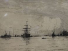 Norman Wilkinson (1878-1971), Fishing fleet in a calm sea and another etching by Charles Henry