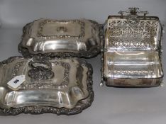 A pair of large plated entreé dishes and folding biscuit box, (3)