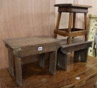 Two rustic oak stools and a similar stool constructed from beech, largest 40cm